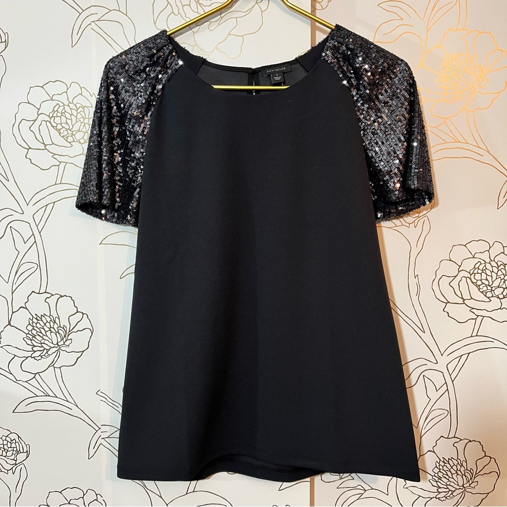 Ann Taylor black top sequin sleeves new